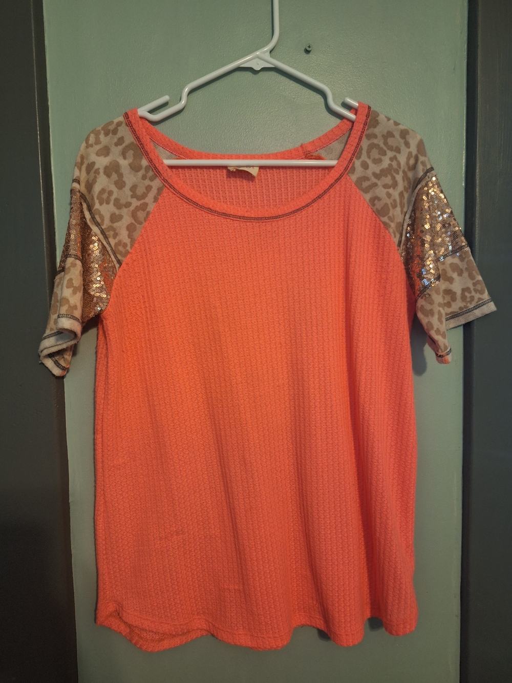 Hot Pink Womens Top with Leopard Sleeves and Sequin Detail